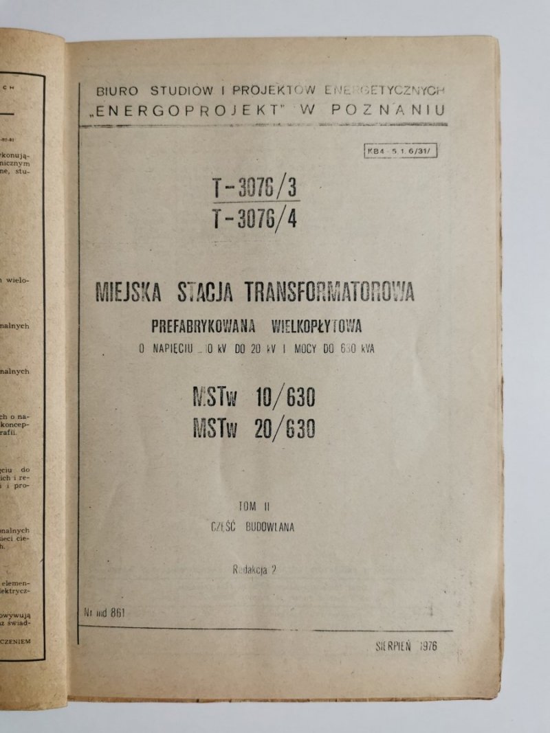 MIEJSKA STACJA TRANSFORMATOROWA MSTw 10/630 20/630 TOM II CZĘŚĆ BUDOWLANA 1976