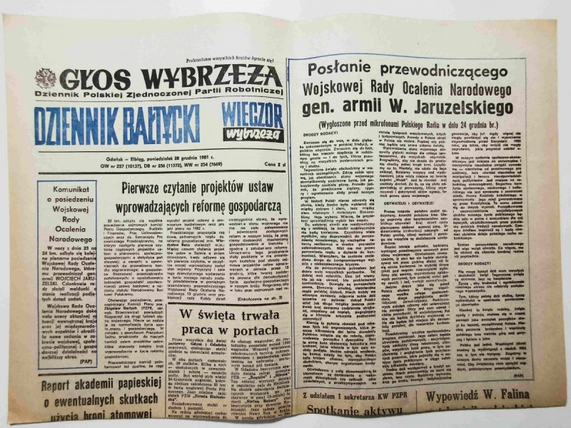 GŁOS WYBRZEŻA DZIENNIK BAŁTYCKI poniedziałek 28 grudnia 1981