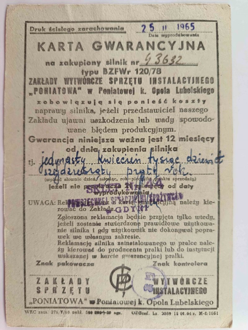 KARTA GWARANCYJNA NA ZAKUPIONY SILNIK