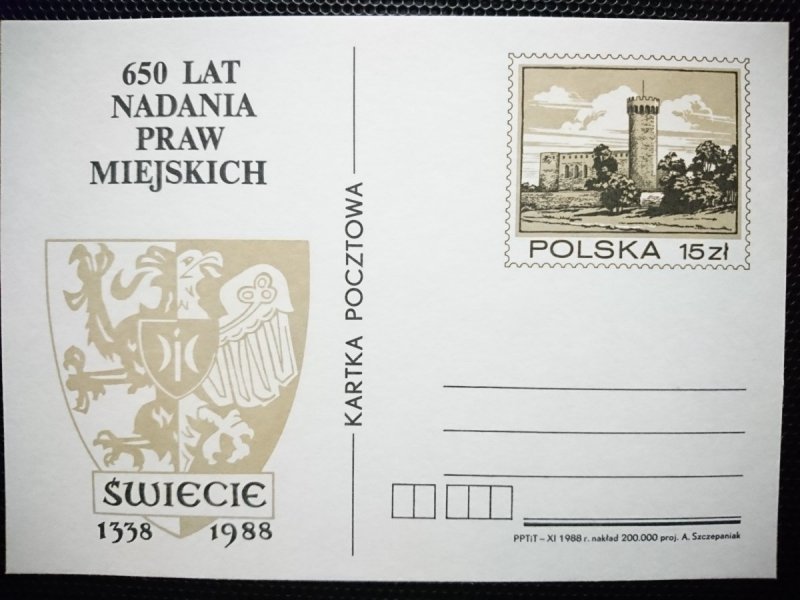 KARTKA POCZTOWA. 650 LAT NADANIA PRAW MIEJSKICH. ŚWIECIE 1338-1988