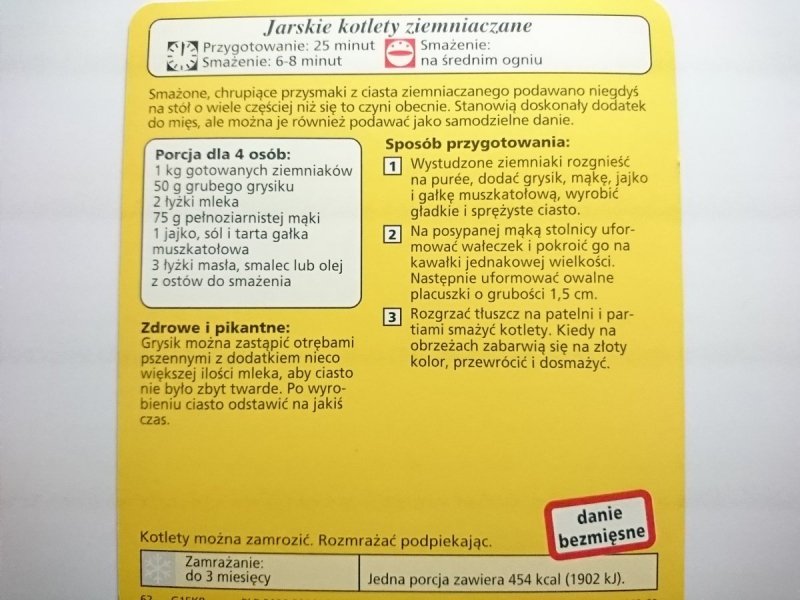 KARTA KULINARNA NR 8 JARSKIE KOTLETY ZIEMNIACZANE