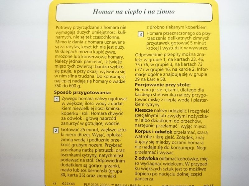 KARTA KULINARNA NR 48 HOMAR NA CIEPŁO I NA ZIMNO