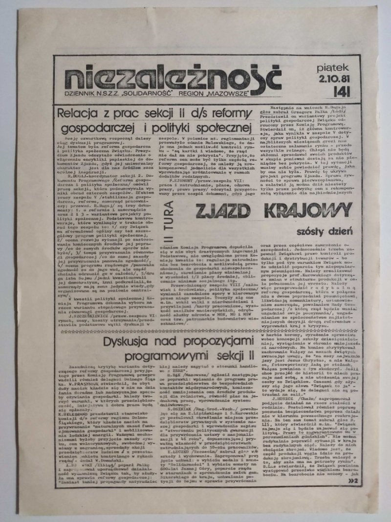 NIEZALEŻNOŚĆ NR 141 – 02.10.1981