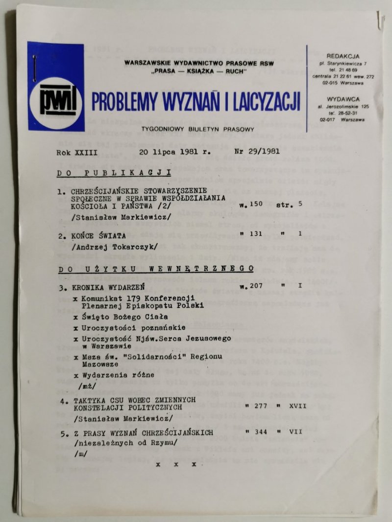 PROBLEMY WYZNAŃ I LAICYZACJI 20 LIPCA 1981r. Nr 29/1981
