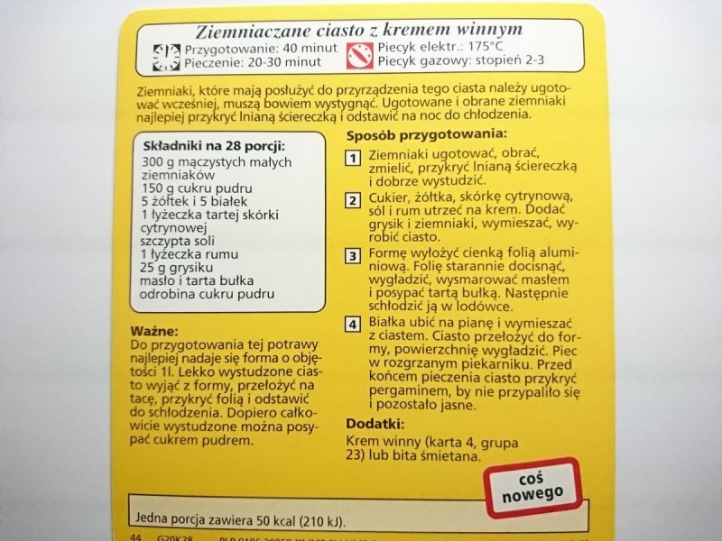 KARTA KULINARNA NR 28 ZIEMNIACZANE CIASTO Z KREMEM
