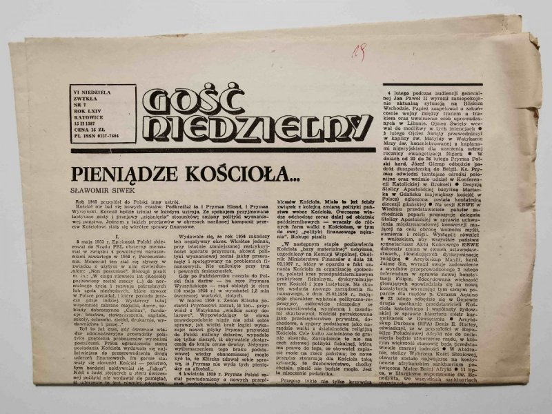 GOŚĆ NIEDZIELNY VI NIEDZIELA ZWYKŁA NR 7 ROK LXIV KATOWICE 15 II 1987