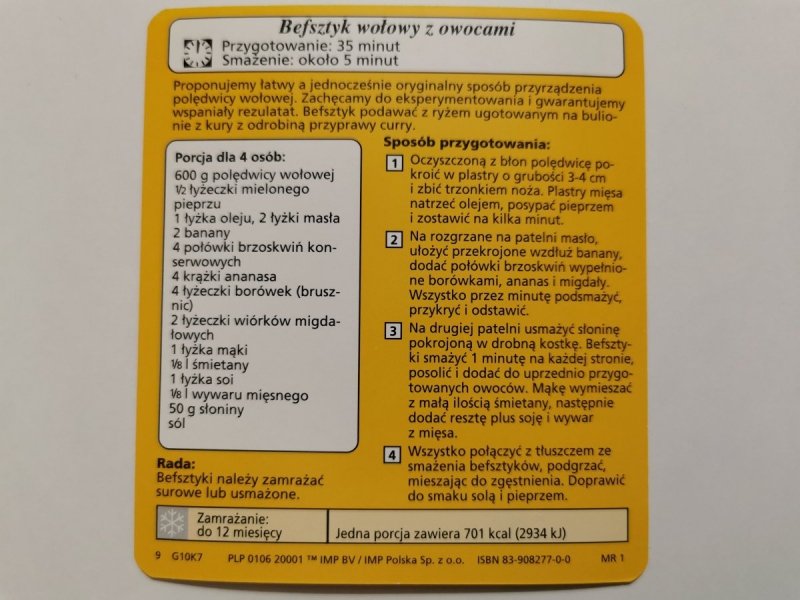 KARTA KULINARNA NR. 7 BEFSZTYK WOŁOWY Z OWOCAMI