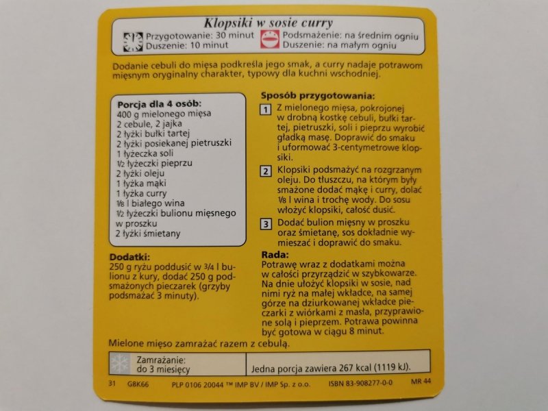 KARTA KULINARNA NR. 66 KLOPSIKI W SOSIE CURRY