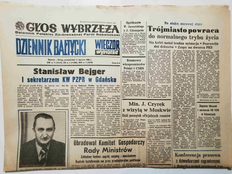 GŁOS WYBRZEŻA DZIENNIK BAŁTYCKI poniedziałek 11 stycznia 1982