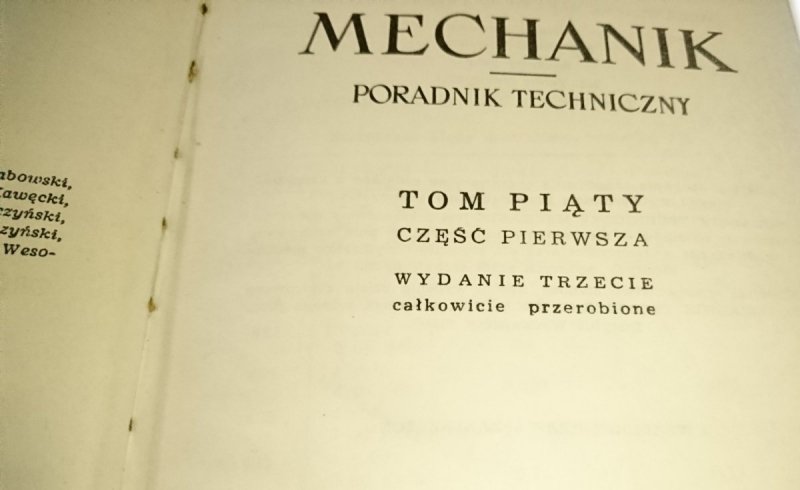 MECHANIK. PORADNIK TECHNICZNY TOM V CZĘŚĆ I 1955