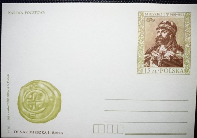 KARTKA POCZTOWA. DENAR MIESZKA I REWERS