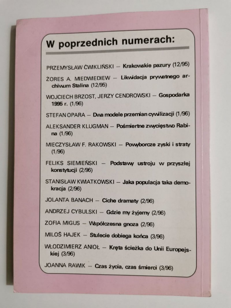 DZIŚ. PRZEGLĄD SPOŁECZNY. WARSZAWA ROK VII KWIECIEŃ '96 NR 4 (67)