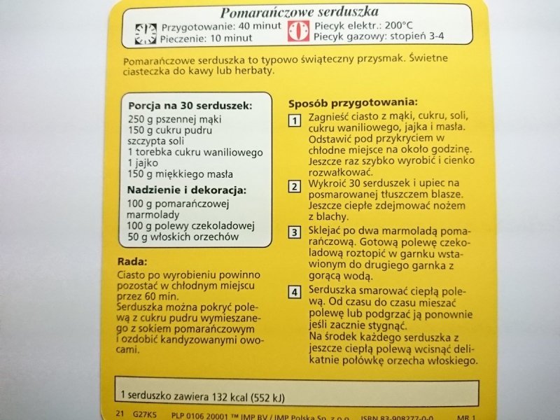 KARTA KULINARNA NR 5 POMARAŃCZOWE SERDUSZKA