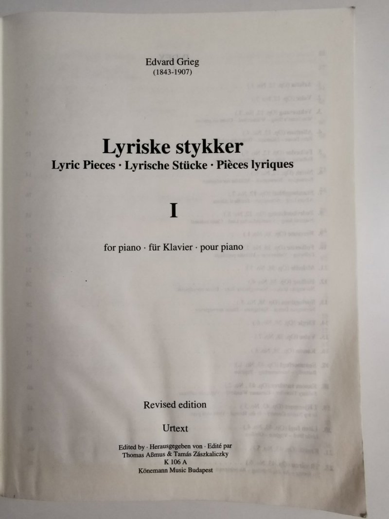 LYRISKE STYKKER. LYRIC PIECES I FOR PIANO – EDVARD GRIEG 1999