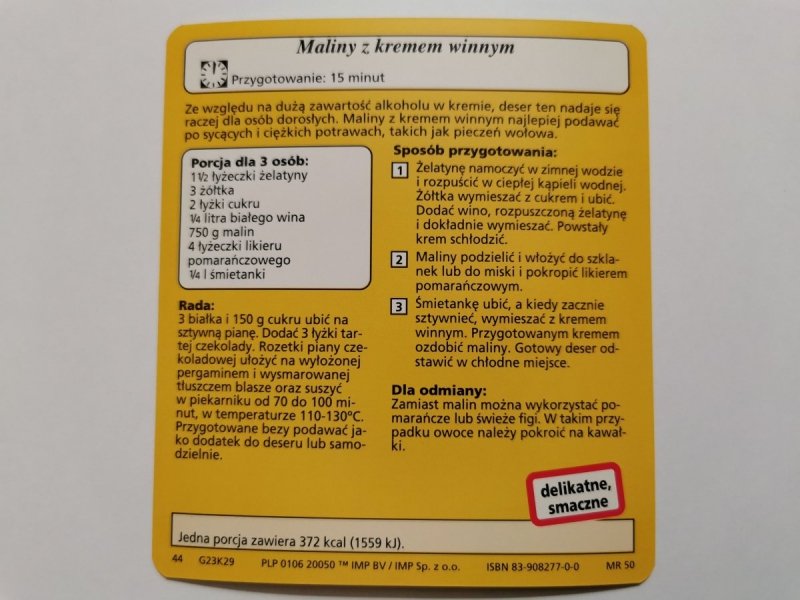 KARTA KULINARNA NR. 29 MALINY Z KREMEM WINNYM