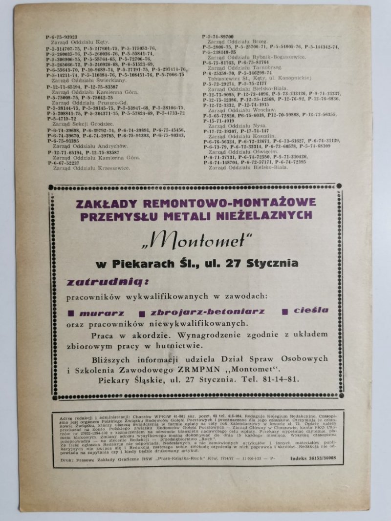 HODOWCA GOŁĘBI POCZTOWYCH NR 6 1977