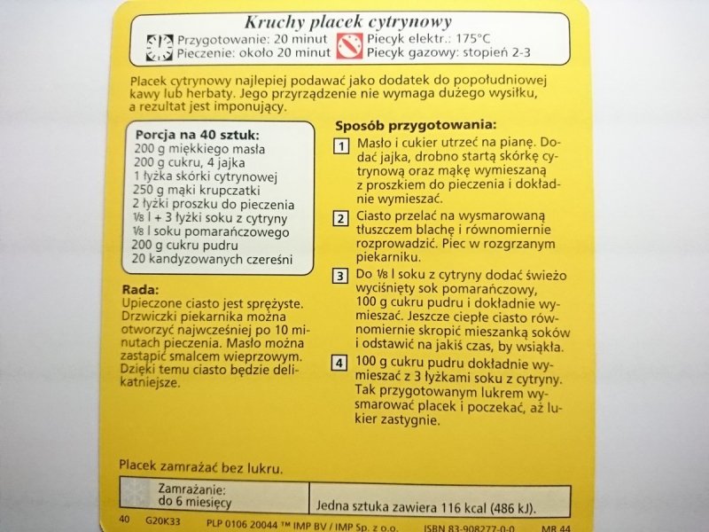 KARTA KULINARNA NR 33 KRUCHY PLACEK CYTRYNOWY