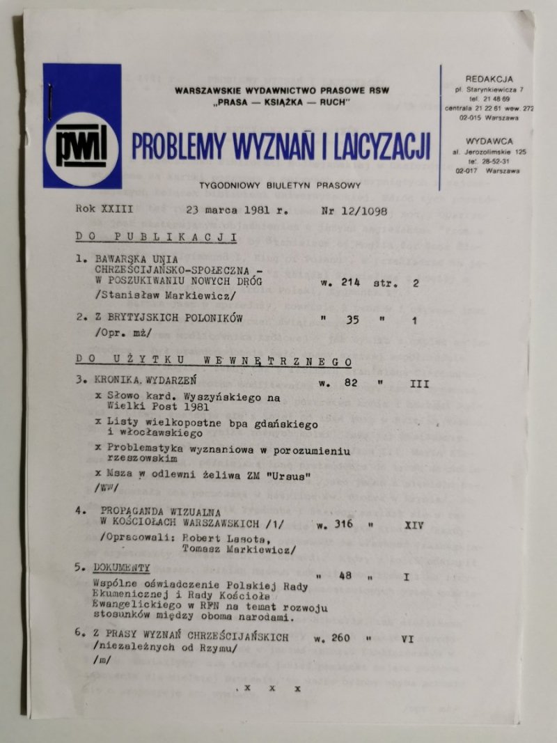 PROBLEMY WYZNAŃ I LAICYZACJI 23 MARCA 1981r. Nr 12/1098