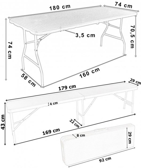 Zestaw cateringowy Rattan brąz stół 180 cm+ 2 ławki