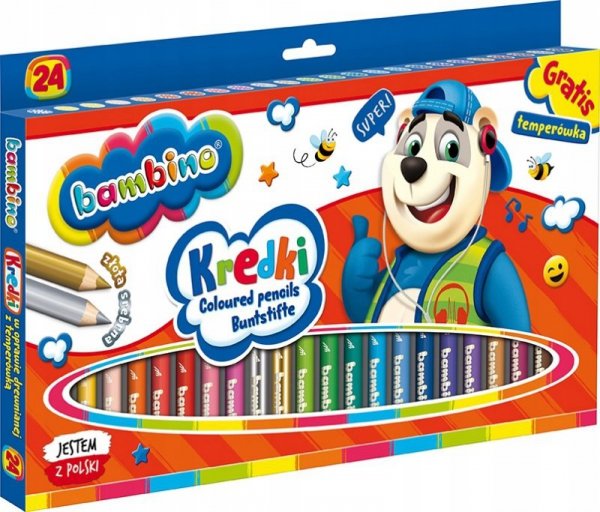 Kredki dla dzieci z glinki kaolinowej Zestaw 24 kredek + temperówka BAMBINO St.Majewski