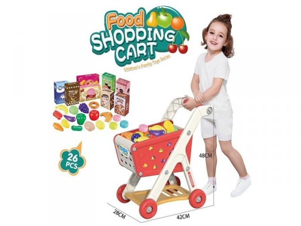 Wózek Na Zakupy CZERWONY Koszyk Sklepowy + Akcesoria Owoce Warzywa Supermarket