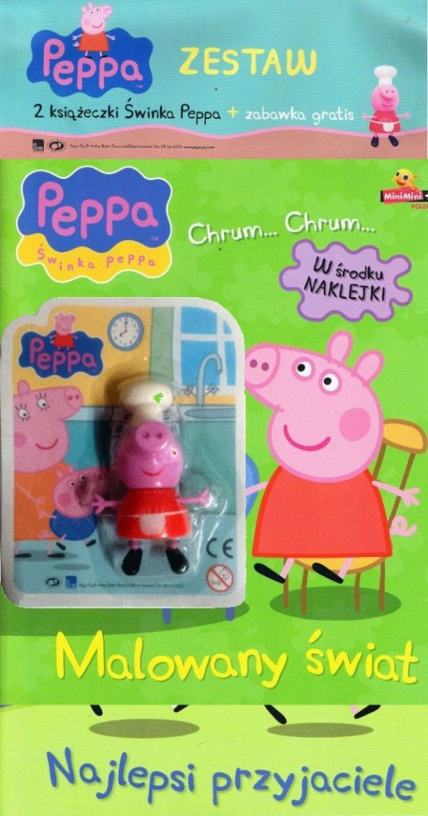 Świnka Peppa zestaw 2 książki Chrum (Najlepszy przyjaciel i Malowany świat) + figurka PEPPY KUCHARKI