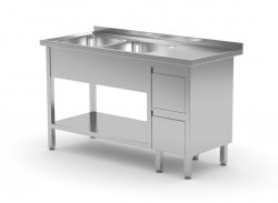 Stół z dwoma zlewami, półką i szafką z dwiema szufladami - komory po lewej stronie 2000 x 600 x 850 mm POLGAST 225206-L 225206-L