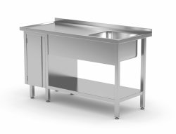 Stół ze zlewem, półką i szafką z drzwiami na zawiasach - komora po prawej stronie 1400 x 700 x 850 mm POLGAST 216147-P 216147-P