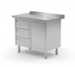 Stół przyścienny szafka z trzema szufladami i drzwiami na zawiasach - szuflady po lewej stronie 900 x 700 x 850 mm POLGAST 136097-3-L 136097-3-L
