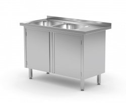 Stół z dwoma zlewami, szafka z drzwiami na zawiasach - komory po lewej stronie 1100 x 700 x 850 mm POLGAST 228117-L 228117-L