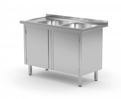Stół z dwoma zlewami, szafka z drzwiami na zawiasach - komory po prawej stronie 1100 x 600 x 850 mm POLGAST 228116-P 228116-P