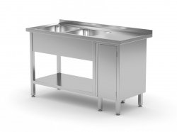 Stół z dwoma zlewami, półką i szafką z drzwiami na zawiasach - komory po lewej stronie 1400 x 700 x 850 mm POLGAST 226147-L 226147-L