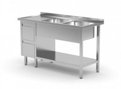 Stół z dwoma zlewami, półką i szafką z dwiema szufladami - komory po prawej stronie 1400 x 700 x 850 mm POLGAST 225147-P 225147-P