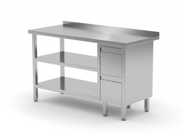 Stół przyścienny szafka z dwiema szufladami i dwiema półkami - szuflady po prawej stronie 900 x 600 x 850 mm POLGAST 125096-P/2 125096-P/2