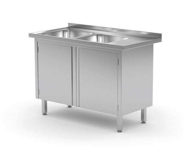 Stół z dwoma zlewami, szafka z drzwiami na zawiasach - komory po lewej stronie 1300 x 700 x 850 mm POLGAST 228137-L 228137-L