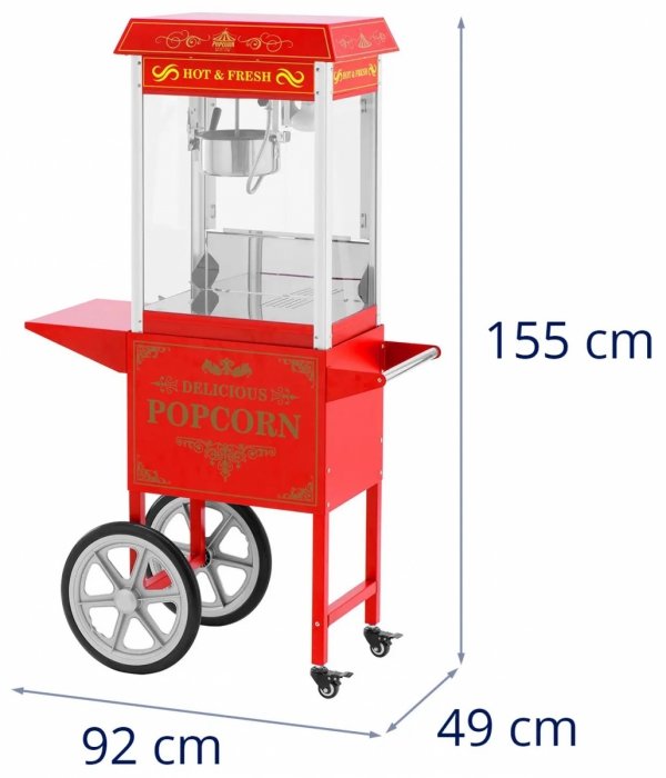 Retro maszyna do popcornu z wózkiem- czerwona - 1600 W - 5 kg/h Royal Catering 10012713 RCPW-16E.1-2F