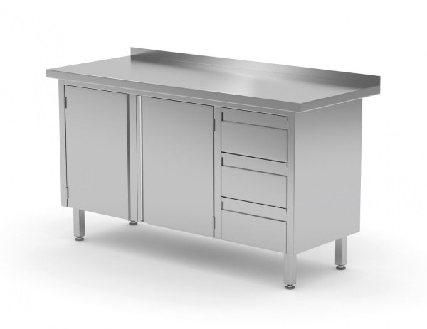 Stół przyścienny szafka z trzema szufladami i drzwiami na zawiasach - szuflady po prawej stronie 1200 x 700 x 850 mm POLGAST 137127-P 137127-P