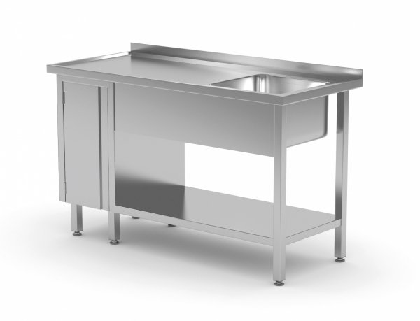 Stół ze zlewem, półką i szafką z drzwiami na zawiasach - komora po prawej stronie 1400 x 700 x 850 mm POLGAST 216147-P 216147-P