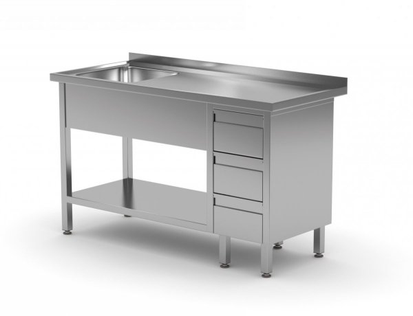 Stół ze zlewem, półką i szafką z trzema szufladami - komora po lewej stronie 1100 x 700 x 850 mm POLGAST 215117-3-L 215117-3-L