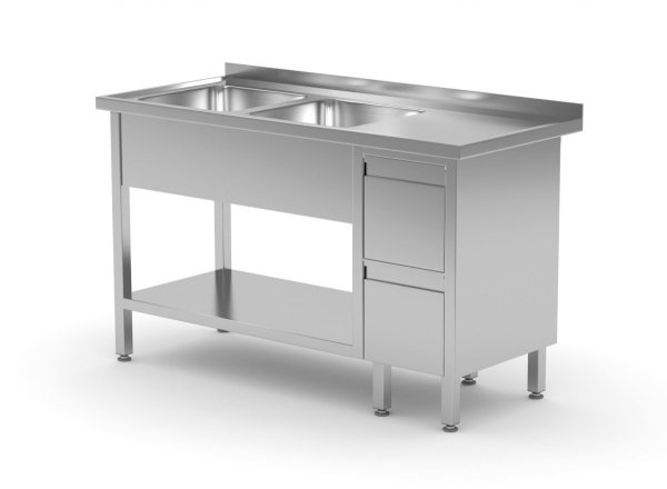 Stół z dwoma zlewami, półką i szafką z dwiema szufladami - komory po lewej stronie 1500 x 700 x 850 mm POLGAST 225157-L 225157-L