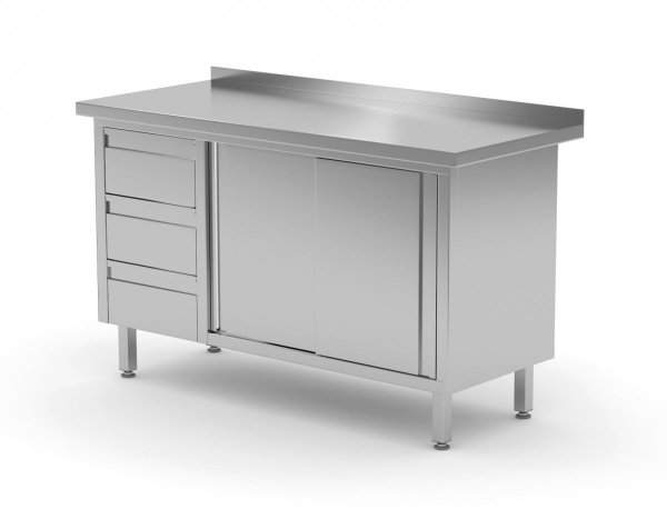 Stół przyścienny szafka z trzema szufladami i drzwiami suwanymi - szuflady po lewej stronie 1400 x 600 x 850 mm POLGAST 138146-L 138146-L