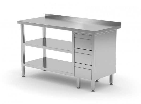 Stół przyścienny szafka z trzema szufladami i dwiema półkami - szuflady po prawej stronie 1600 x 600 x 850 mm POLGAST 125166-3-P/2 125166-3-P/2
