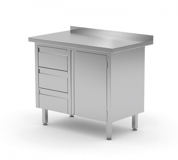 Stół przyścienny szafka z trzema szufladami i drzwiami na zawiasach - szuflady po lewej stronie 900 x 700 x 850 mm POLGAST 136097-3-L 136097-3-L