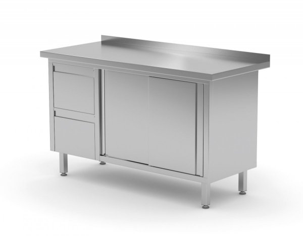 Stół przyścienny szafka z dwiema szufladami i drzwiami suwanymi - szuflady po lewej stronie 1600 x 600 x 850 mm POLGAST 130166-L 130166-L