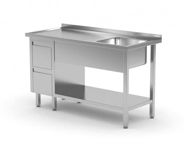 Stół ze zlewem, półką i szafką z dwiema szufladami - komora po prawej stronie 1300 x 600 x 850 mm POLGAST 215136-P 215136-P