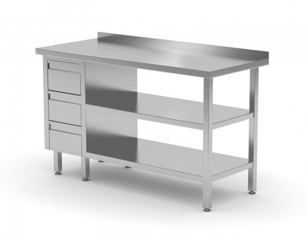 Stół przyścienny szafka z trzema szufladami i dwiema półkami - szuflady po lewej stronie 800 x 600 x 850 mm POLGAST 125086-3-L/2 125086-3-L/2