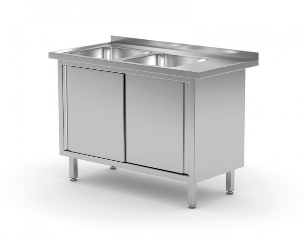 Stół z dwoma zlewami, szafka z drzwiami suwanymi - komory po lewej stronie 1400 x 600 x 850 mm POLGAST 227146-L 227146-L