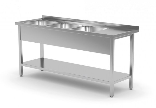 Stół z trzema zlewami i półką - komory po lewej stronie 1800 x 600 x 850 mm POLGAST 224186-L 224186-L