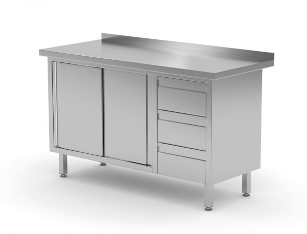 Stół przyścienny szafka z trzema szufladami i drzwiami suwanymi - szuflady po prawej stronie 1500 x 600 x 850 mm POLGAST 138156-P 138156-P