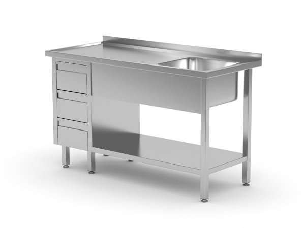 Stół ze zlewem, półką i szafką z trzema szufladami - komora po prawej stronie 1300 x 700 x 850 mm POLGAST 215137-3-P 215137-3-P